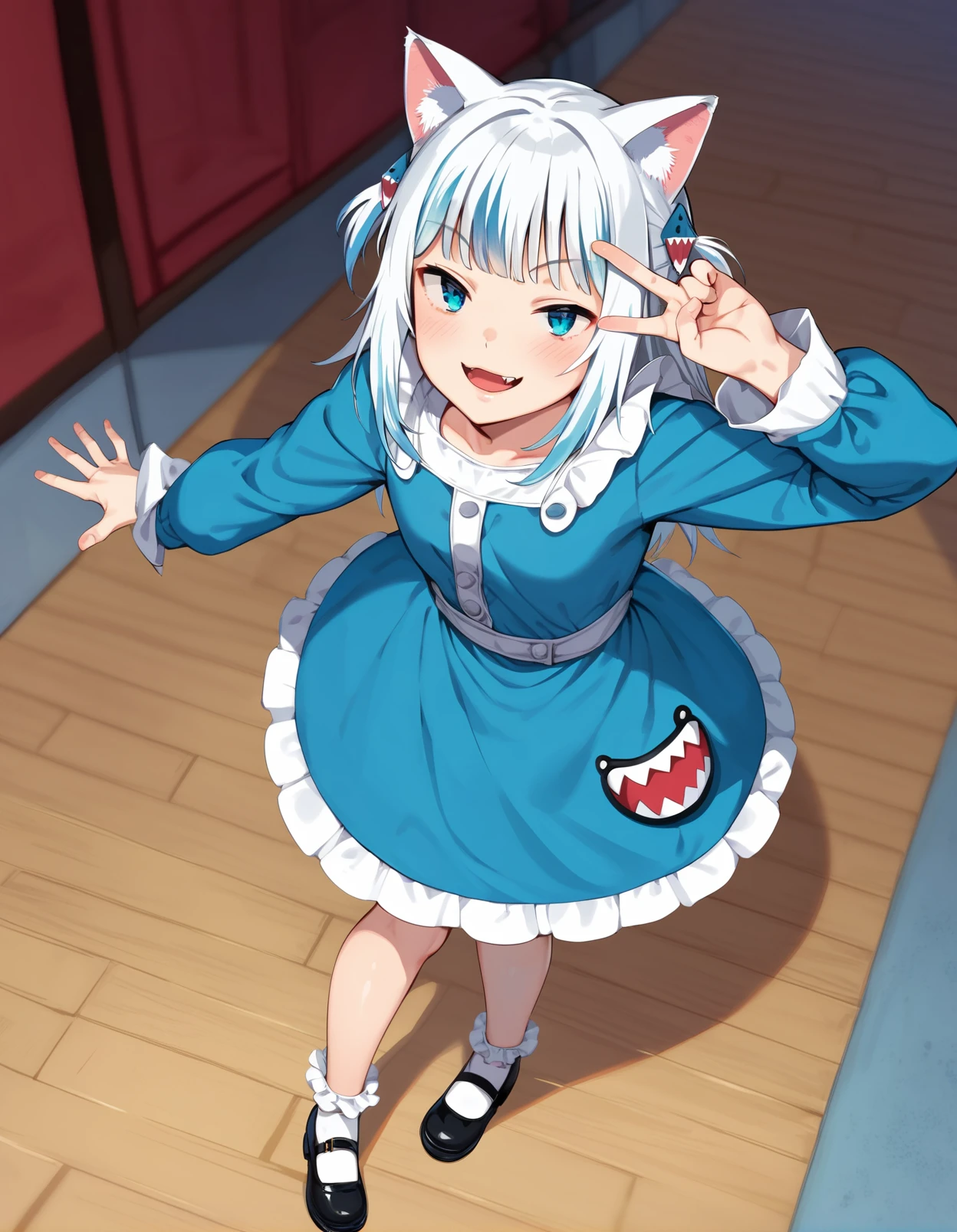 score_9, score_8_up, score_7_up, 1girl , pitvinm, idol pose, frilled long dress, smug, v, mary janes, dutch angle, from above, looking at viewer, frills, cat ears,
<lora:onizuka_naoshi_style_pony6_v1-000036:.8>,