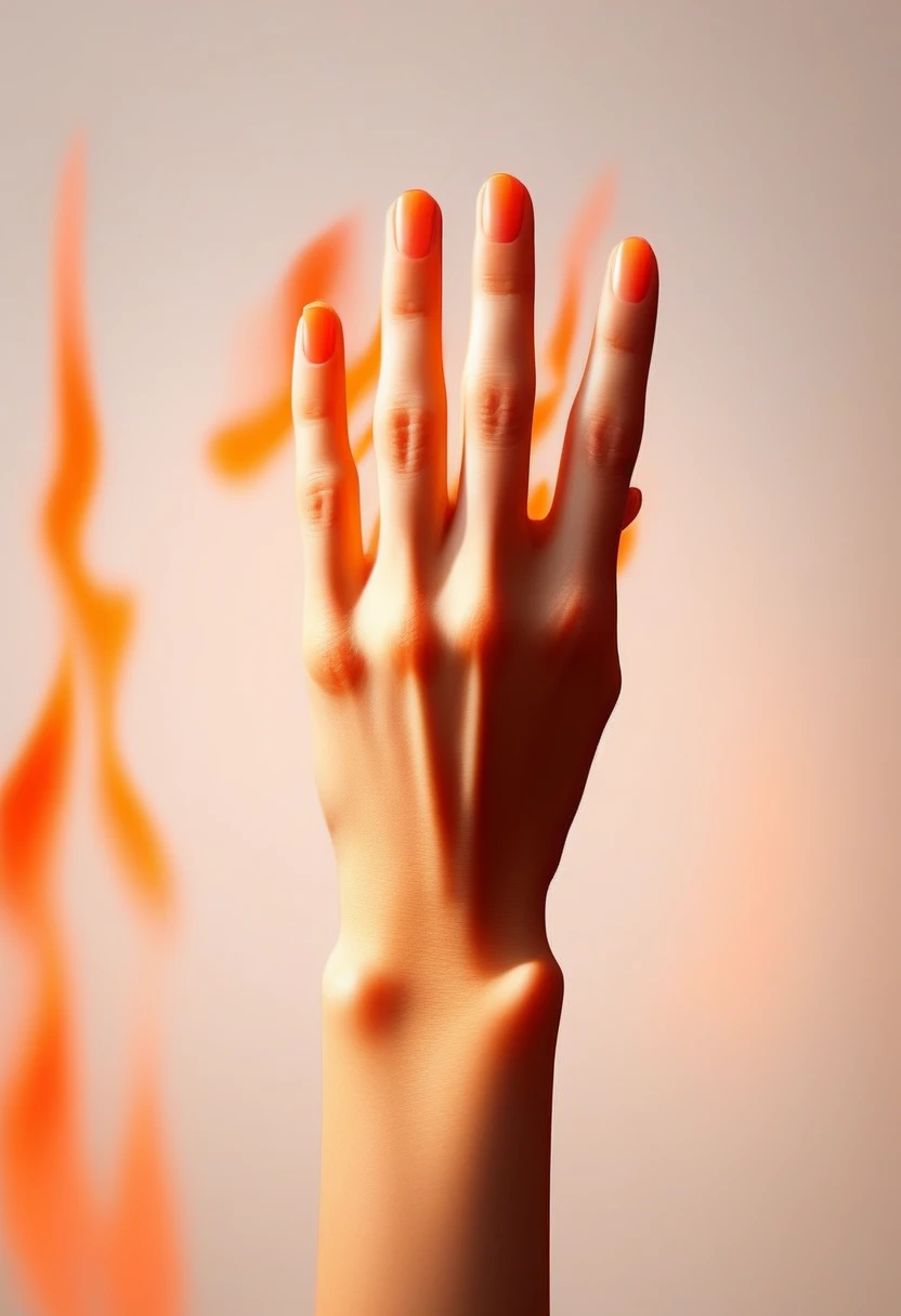 <lora:nail_SDXL:1> A hand in front of a bright orange flame background. The hands are light-skinned and have neatly manicured nails. All five fingers are clearly visible, with the thumb partially hidden behind the other fingers. The cool look of the hands contrasts with the warm flame background, creating an interesting visual effect, nail