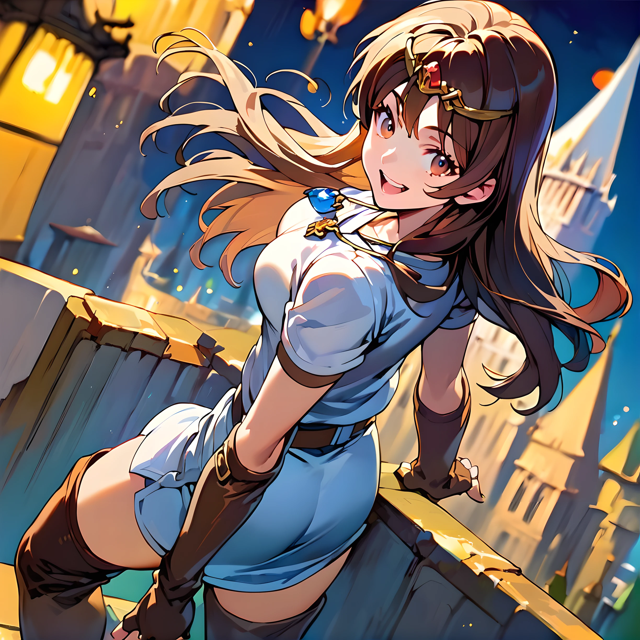 <lora:pony_xl_ki:0.8>,ki,score_9,score_8_up,score_7_up,source_anime,1girl,solo,looking at viewer,short dress,short sleeves,brown gloves,elbow gloves,fingerless gloves,belt,thigh boots,brown thighhighs,blue necklace,smile,:d,open mouth,architecture,blurry background,blurry foreground,building,castle,city,city lights,cityscape,depth of field,rooftop,tower,