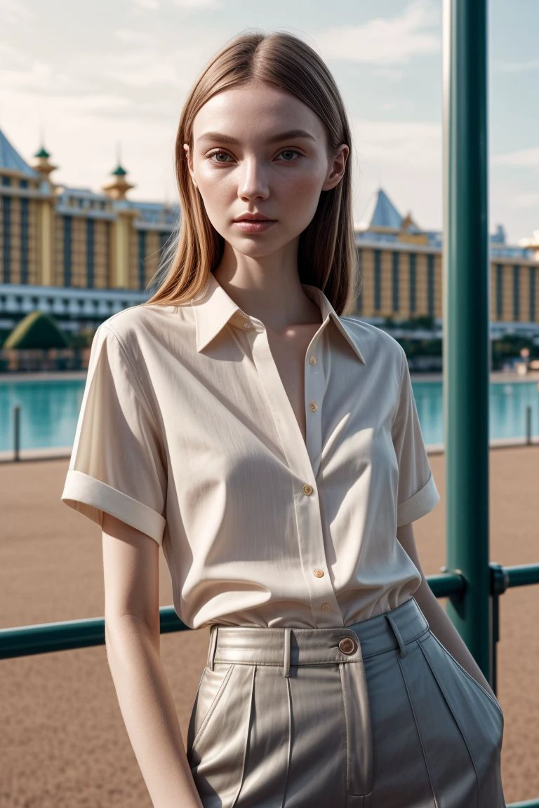 European woman, closeup, sandals, (shirt), pants, (casino), ZM_lotte, wide shoulders, perfect face, (contact iris: 1.1), pale skin, skin pores , depth of field