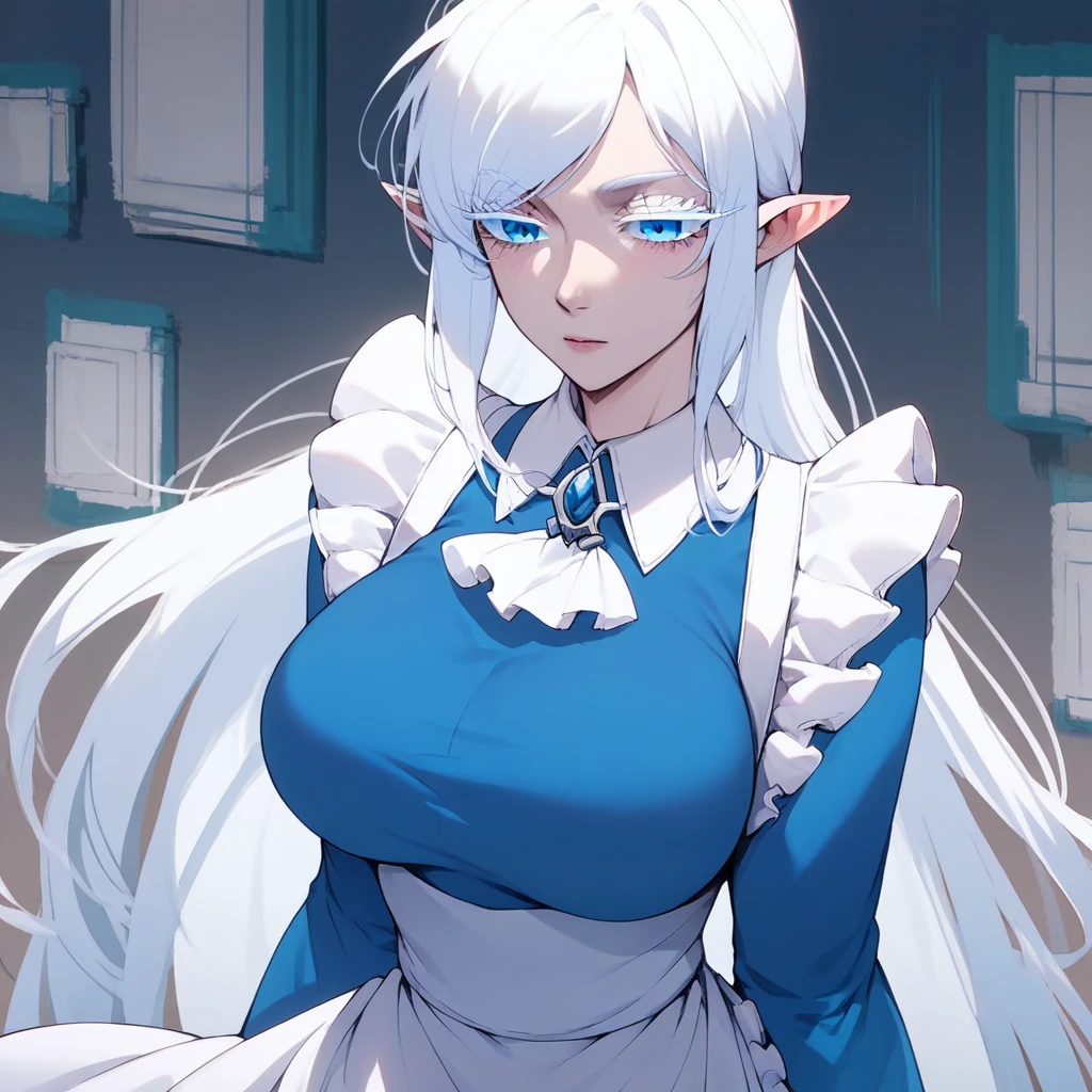 score_9, score_8_up, score_7_up, BREAK source_anime, schnee raizar, blue eyes, white eyelashes, white hair, long hair, large breasts, pointy ears, long blue dress, white apron, long sleeves,