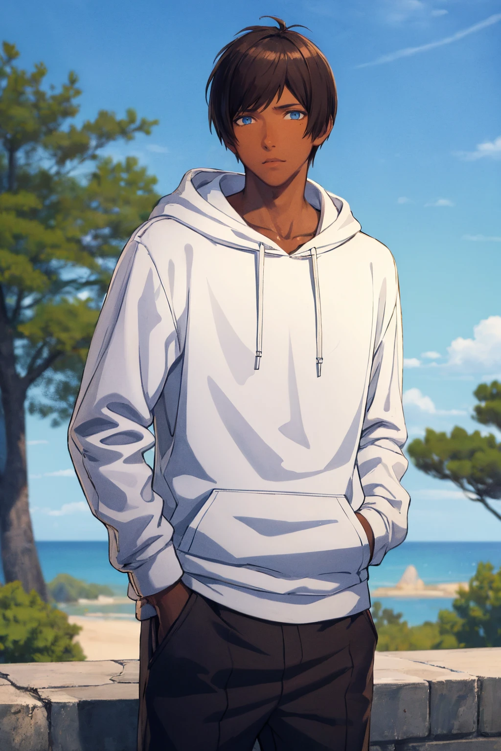 masterpiece, best quality, absurdres, 1boy, solo, AijimaCecil, dark skin, brown hair, blue eyes, short hair, outdoors, hands in pockets, white hoodie, sweatpants, <lora:ChamAijimaCecil:1>