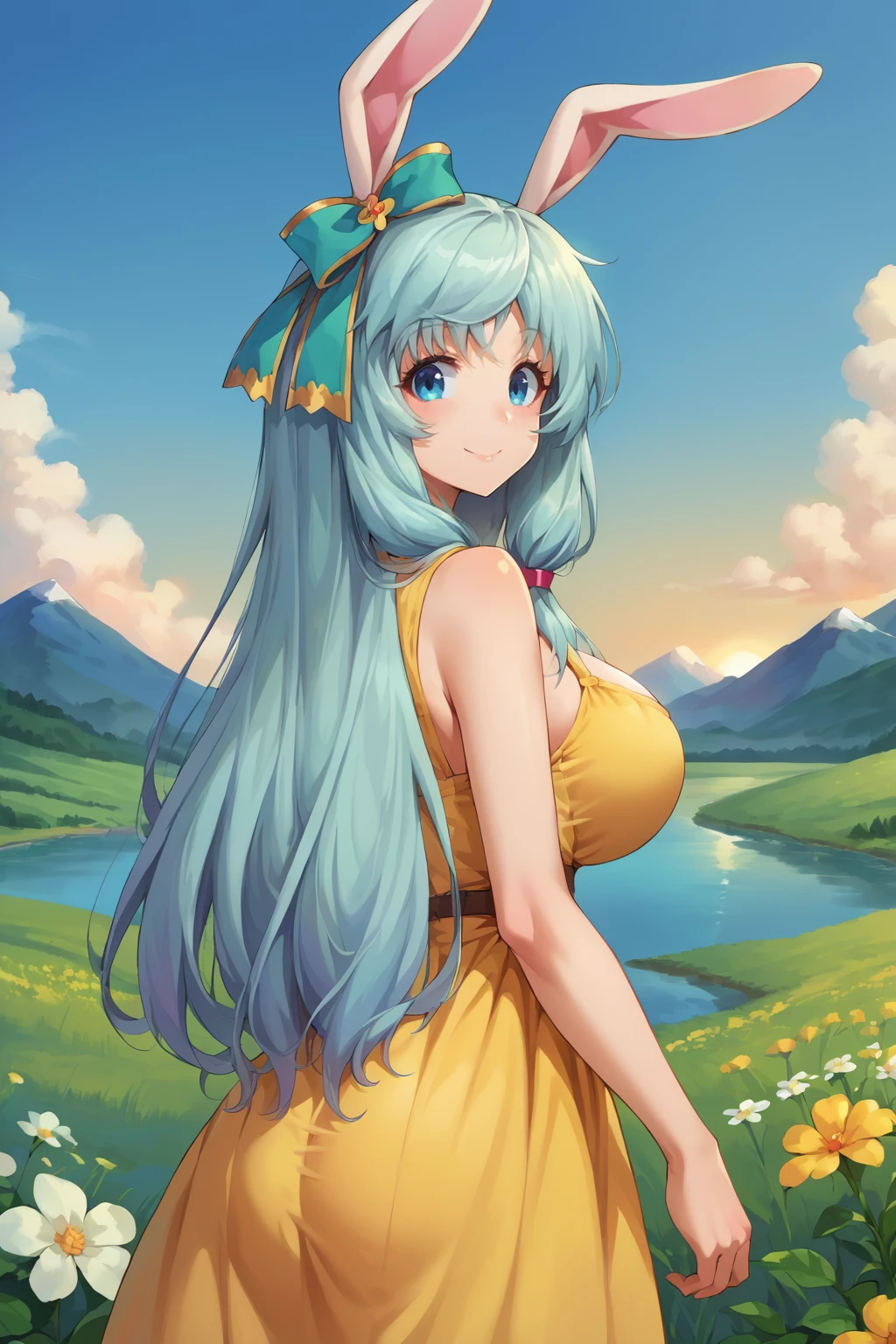 score_9, score_8_up, score_7_up, source_anime, from behind, looking at viewer, smile, shea haulia, large breasts, very long hair, hair bow, yellow sundress, outdoors, field, flower, river, mountainous horizon, sunset, <lora:Hoseki_Arifureta_SheaHaulia_PDXL_v1:1>