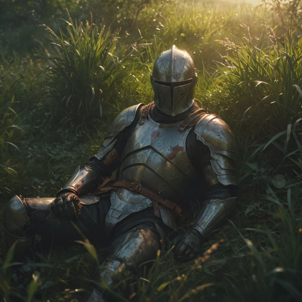 knight laying in tall green grass, resting after battle, sunset

, oil painting, done with japanese brush technique, realistic, extreme detail, dark and warm environment, 8k,

, cinematic lighting, volumetric lighting, Film grain, cinematic film still, shallow depth of field, highly detailed