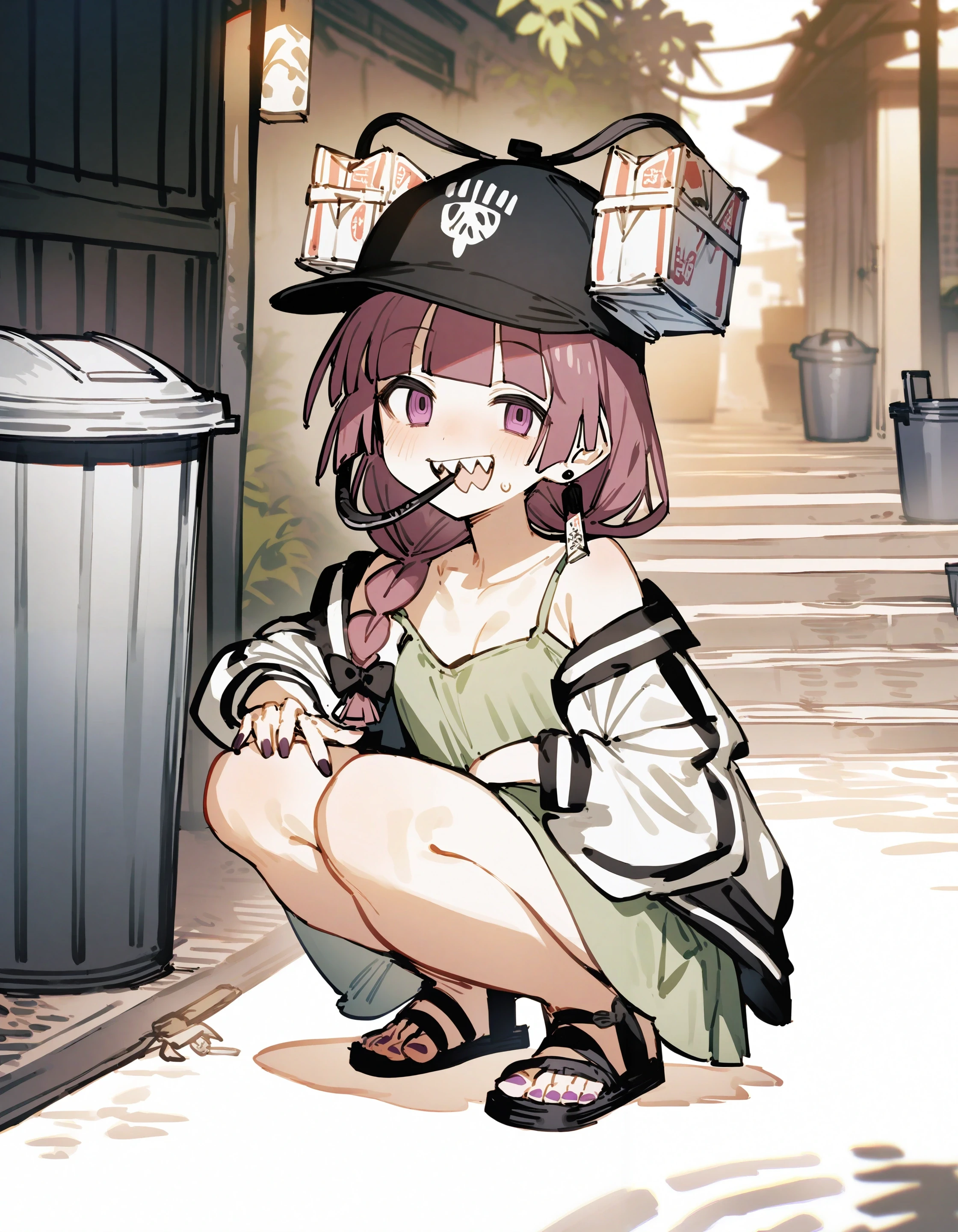 1girl, hiroi kikuri, bocchi the rock!, toridamono,
beer hat, tube in mouth, baseball cap, alcohol carton, mouth hold,
smile, sharp teeth, open mouth, braid, open jacket, two-tone jacket,
squatting, full body, street, looking at viewer, green dress, spaghetti strap,
trash, trash can,
<lora:concept_beerhat-v2.8.2-rls:1>