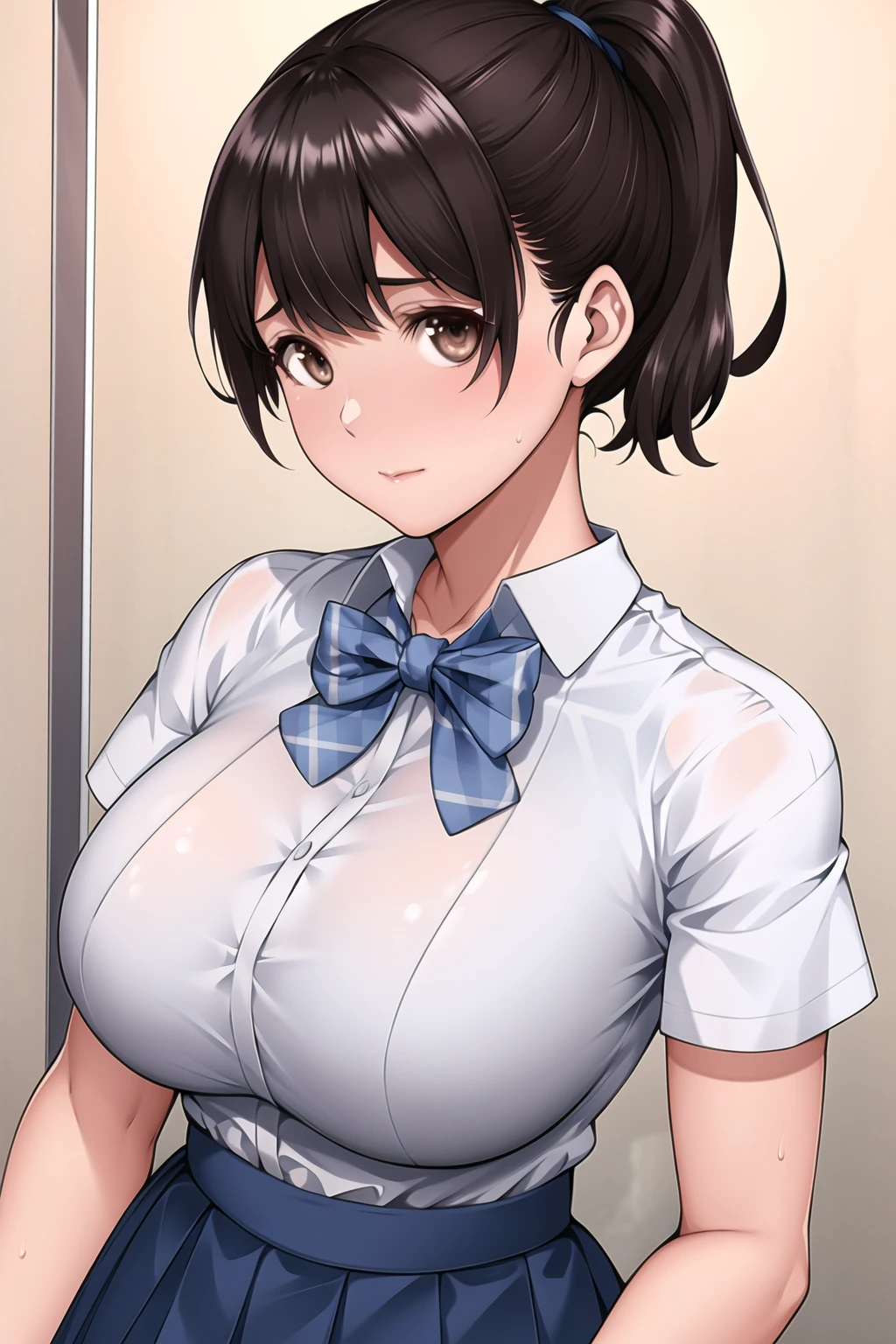 Simple White Background,
(wet_body:1.2),
white shirt,blue ribbon, short sleeves, pleated skirt,
<lora:Yui_Molestation-KK77-V1:0.7>,
brown eyes, brown hair,bangs,short hair,
<lora:Oda_Non_Style-KK77-V2:0.3>,<lora:more_details:0.1>,
1 girl, 20yo,Young female,Beautiful long legs,Beautiful body,
Beautiful Nose,Beautiful character design, perfect eyes, perfect face,expressive eyes,perfect balance,
looking at viewer,(Focus on her face),closed mouth, (innocent_big_eyes:1.0),(Light_Smile:0.3),
official art,extremely detailed CG unity 8k wallpaper, perfect lighting,Colorful, Bright_Front_face_Lighting,White skin,
(masterpiece:1.0),(best_quality:1.0), ultra high res,4K,ultra-detailed,
photography, 8K, HDR, highres, absurdres:1.2, Kodak portra 400, film grain, blurry background, bokeh:1.2, lens flare, (vibrant_color:1.2),professional photograph,
(Beautiful,large_Breasts:1.4), (beautiful_face:1.5),(narrow_waist),
