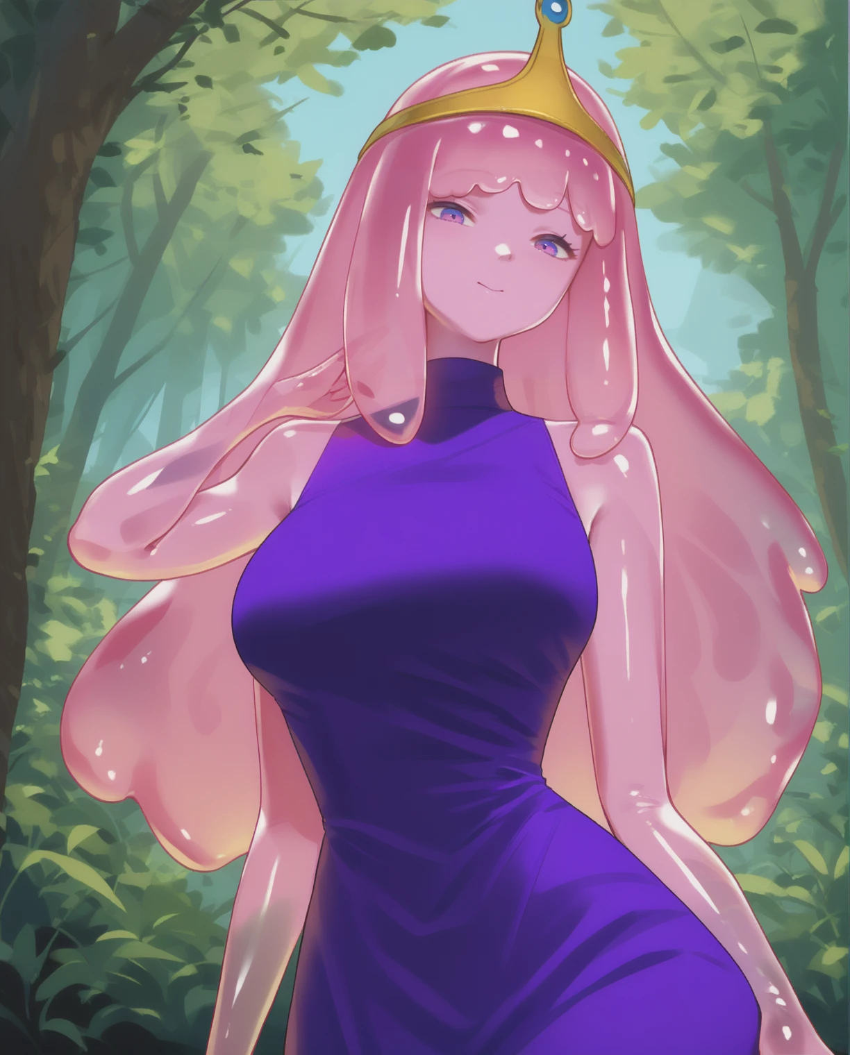 <lora:TruckKun_Style_Lora_V2:0.8>, score_9, score_8_up, score_7_up,
1girl, solo, looking at viewer, cowboy shot,
princess bubblegum, b0bbl3g0m, <lora:b0bbl3g0m_v2:1>, crown, purple dress,
<lora:wizardslimus:0.8>, wizardslimus, slime girl, pink  skin color, slime skin, (pink hair:1.5), slime skin