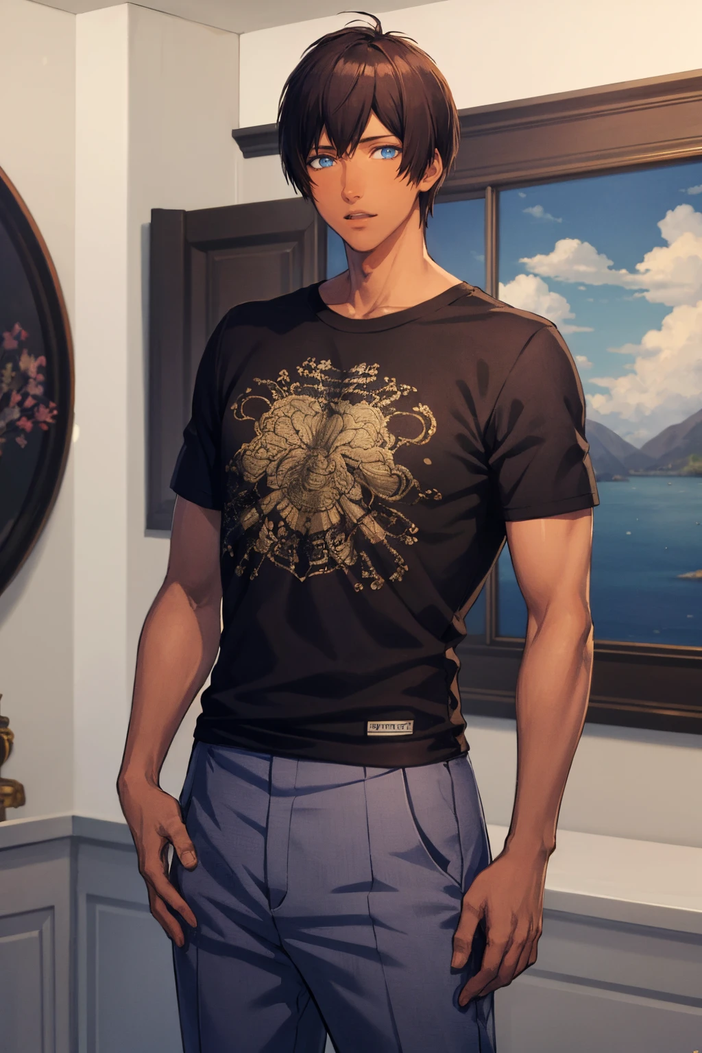 masterpiece, best quality, absurdres, 1boy, solo, AijimaCecil, dark skin, brown hair, blue eyes, short hair, t-shirt, pants, <lora:ChamAijimaCecil:1>