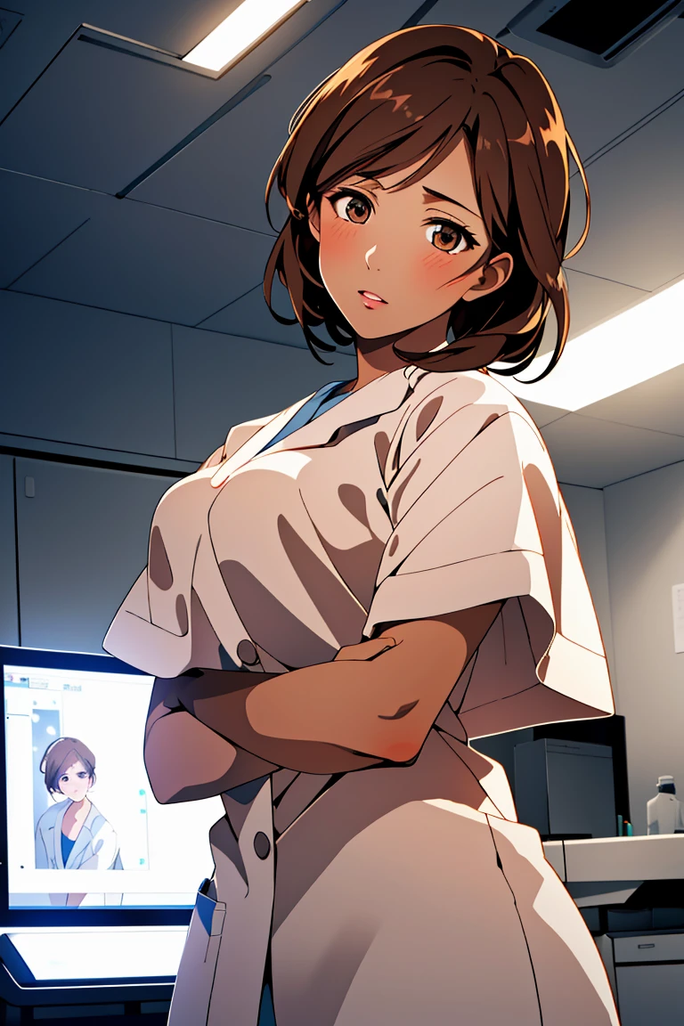 (RAW photo, best quality), operating room, overhead surgical light,blurred background, focused, dithering,backlighting,
 <lora:Reachel _Skalmon_V1.0-000005:0.8> reachel skalmon, 1girl, solo, mature female,brown hair, brown eyes,