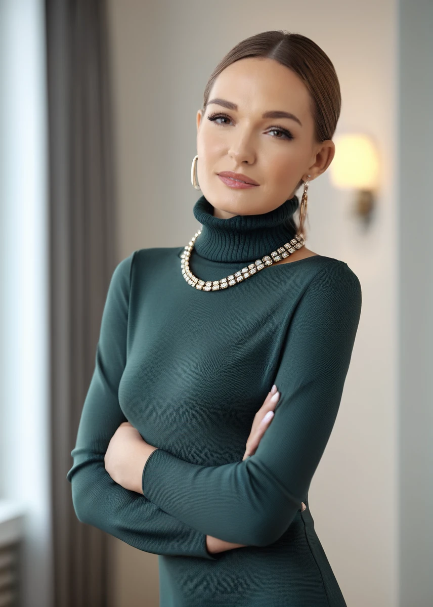 luxury product style, captivating masterpiece of an woman in a ((((neckholder dress with turtleneck)))) ,long earrings, necklace, half body, blurred background, studio ligthing, facing camera, shallow depth of field, <lora:MS_Rissa_May_XL_V2:0.8>, elegant, sophisticated, high-end, luxurious, professional, highly detailed