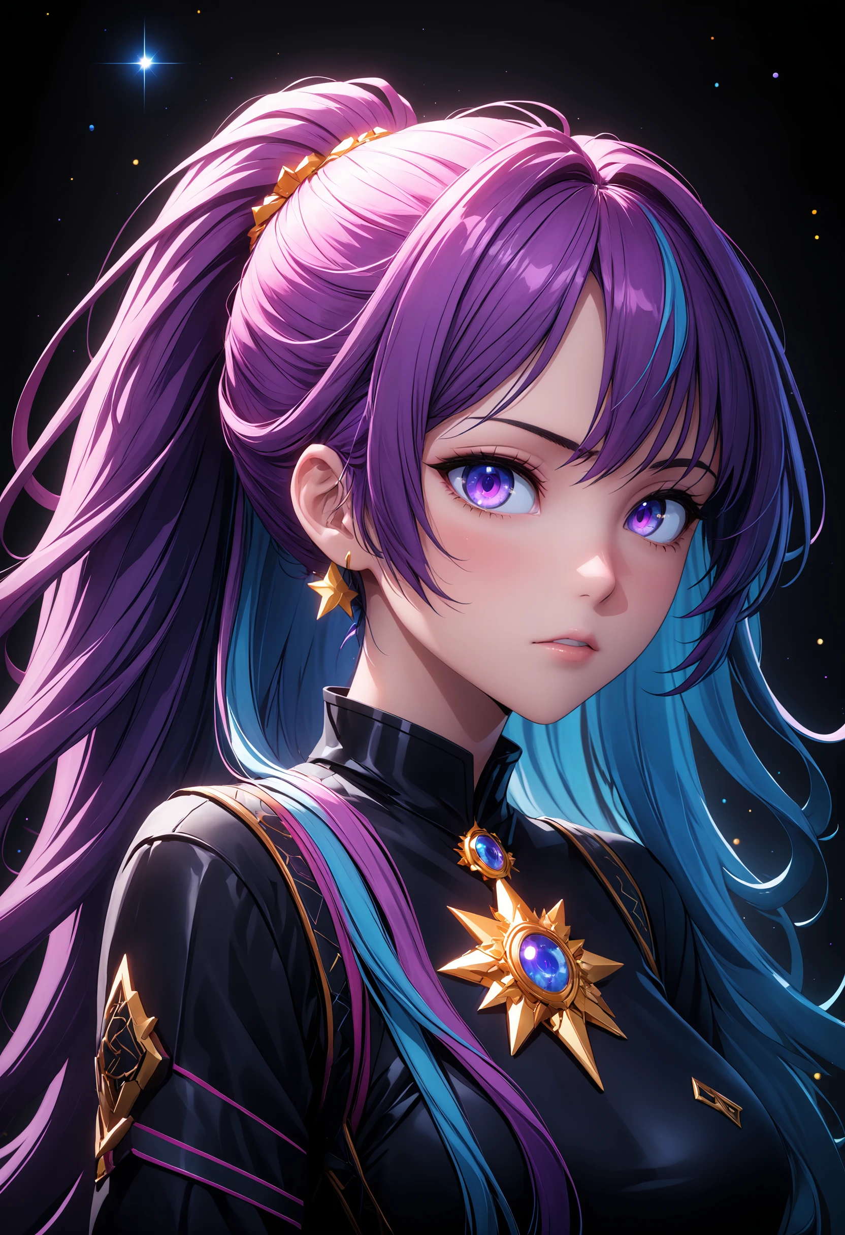(best quality, masterpiece, colorful, highest detailed) (anime), 8k, very wide shot, volumetrics dtx, portrait, magical of stars more soft body particles, beautiful eyes, (dreadlocks:0.5) in a ponytail, (Violet head:1), vibrant colors, highly detailed