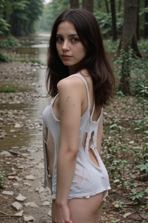 sharp focus, best quality, <lora:torn:.8>, torn, torn T-shirt, torn shirt, torn top, , brown long hair, sleeveless, forest, river