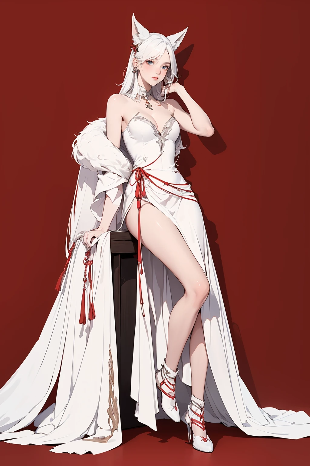 (masterpiece, best quality,masterpiece,illustration,),
red background,very long hair,white hair,solo,standing,cowboy shot,sitting,
<lora:bailingFOX:0.8>,bailingFOX,fox ear,white dress,bare shoulders,bare legs,