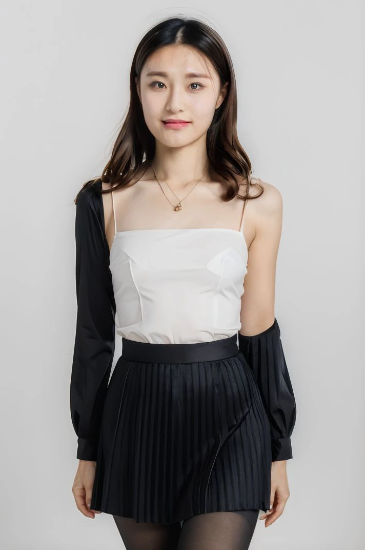 1girl, solo, small breasts, looking at viewer, realistic, photorealistic, lips, brown hair, long hair, smile, black eyes, black hair, parted lips, jewelry, necklace, hyper detailed, super sharp, crisp, smooth, smooth gradients, depth of field, (in studio: 1.1), (white background: 1.1), <lora:bingbing2:1>, <lora:breastsizeslideroffset:-0.3>, <lora:skin_slider_v2_1_FACE:0.5>, <lora:add_detail_v5:1>, black hairband, black ribbon, brown skirt, hairband, long sleeves, neck ribbon, pantyhose, ribbon, shirt, shoulder cutout, skirt, white pantyhose, white shirt, wide sleeves