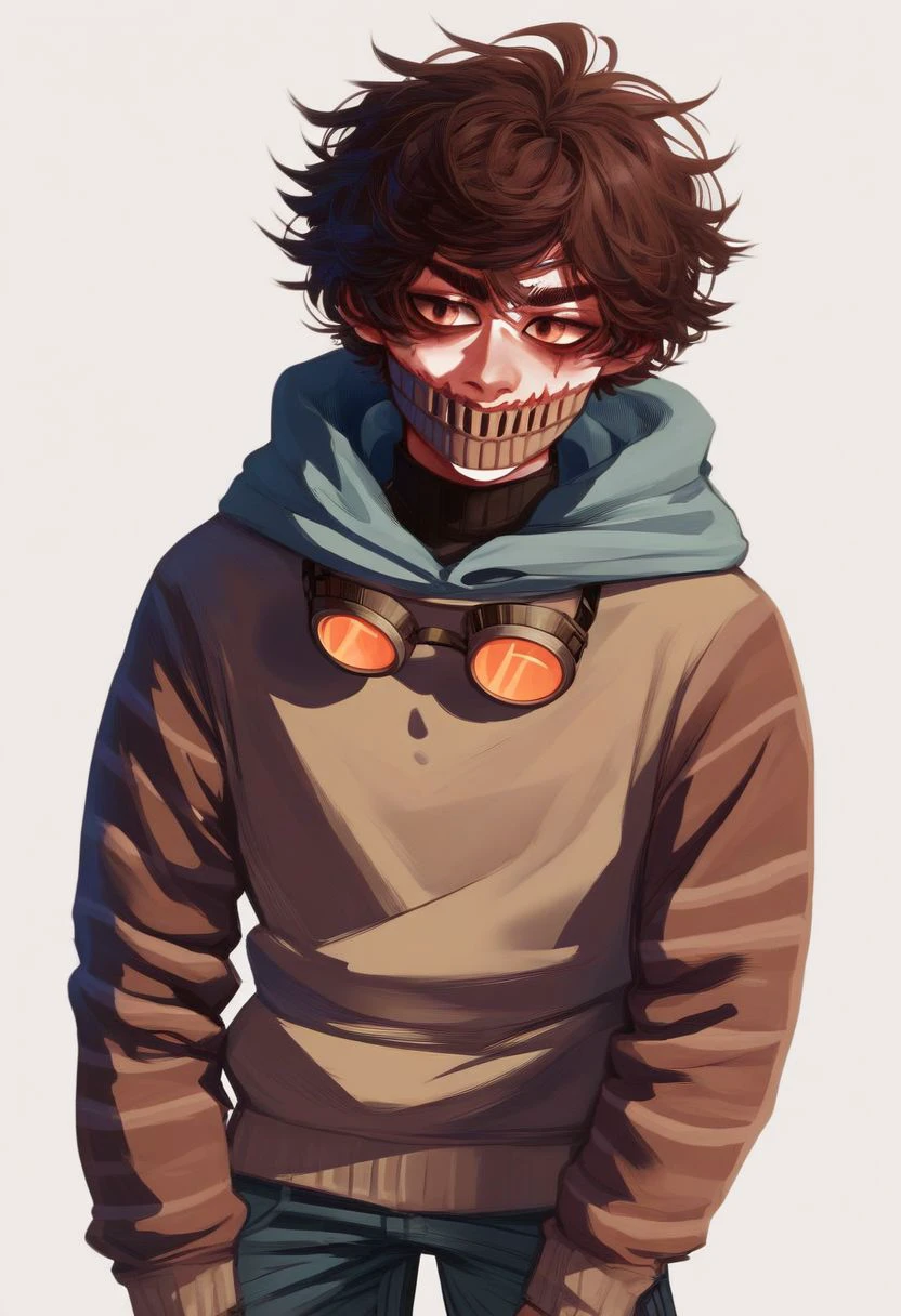 score_9, score_8_up, score_7_up,1boy, short brown fluffy hair, brown eyes, scarred mouth, yellow goggles on face , multicolored hoodie, jeans, face mask