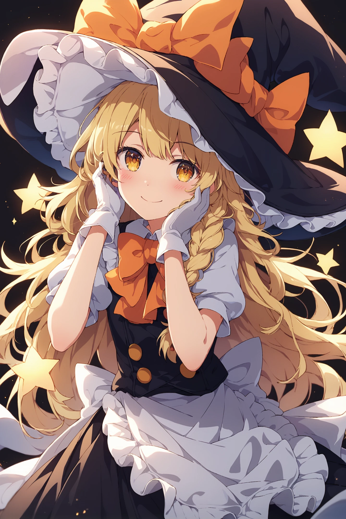 score_9,score_8_up,score_7_up,masterpiece,best quality,very aesthetic,absurdres,official art,official style,
1girl,solo,kirisame marisa,hat,blonde hair,long hair,gloves,braid,witch hat,star (symbol),bow,yellow eyes,looking at viewer,short sleeves,single braid,white gloves,puffy sleeves,hat bow,puffy short sleeves,apron,black background,side braid,orange bow,vest,cowboy shot,black headwear,dress,closed mouth,frills,smile,skirt,adapted costume,waist apron,hair bow,hand on own face,ribbon,bowtie,shirt,blush,
<lora:è»pote_XL_PONY:0.8>,