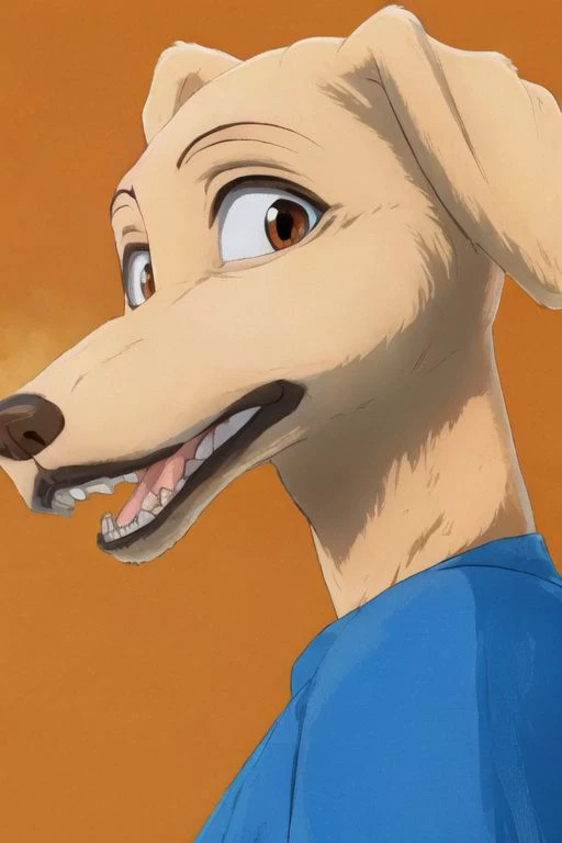 <lora:Jack_(Beastars):0.7> jack, beastars, golden retriever, portrait, <lora:Furtastic_Detailer:1>, open mouth, smile, looking at viewer, skinny, top half, close up, <lora:beastarsanimestyle:1>, side view, orange background, brown eyes