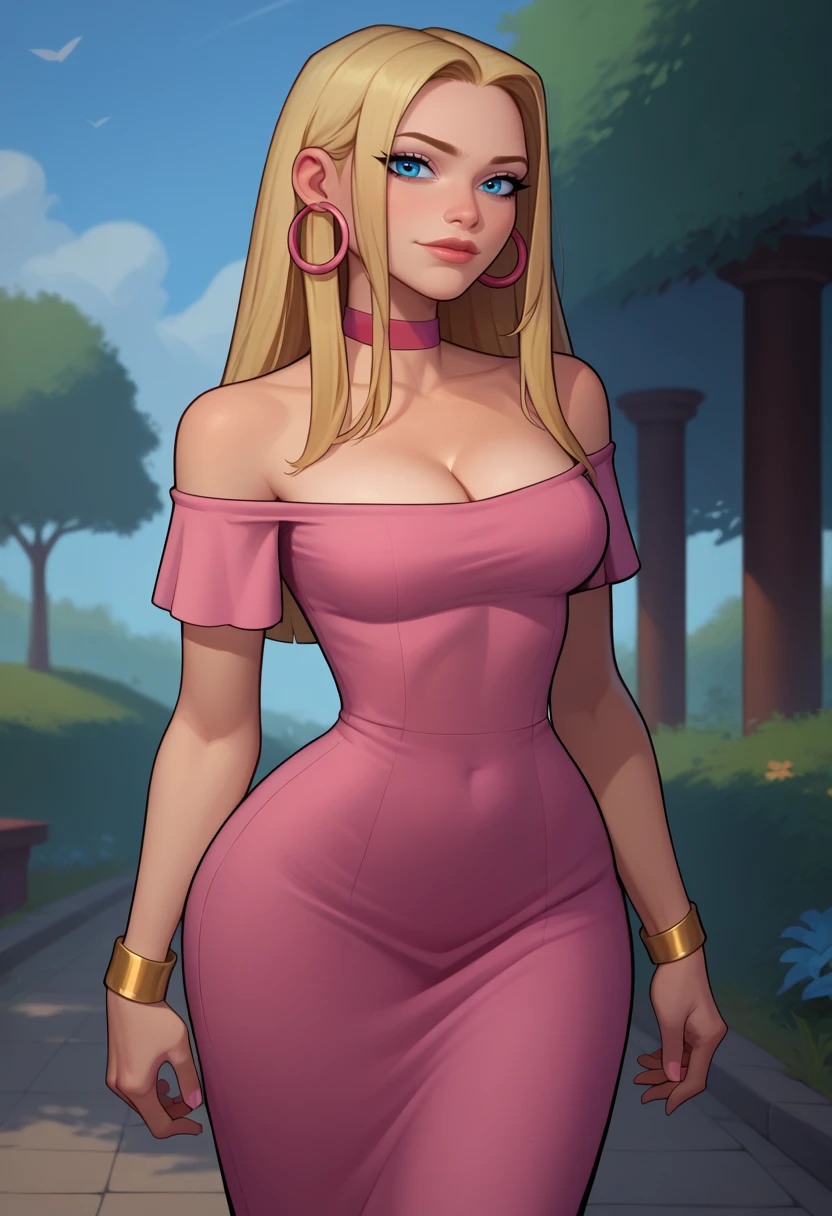 score_9, score_8_up, score_7_up, BREAK 1girl, solo,  <lora:blaineleytd-guy-PONYv1:.95>, blaineleytd, hoop earrings, pink choker, pink dress, off-shoulder dress, cleavage, gold bracelet, looking at viewer, outdoors, wide hips,