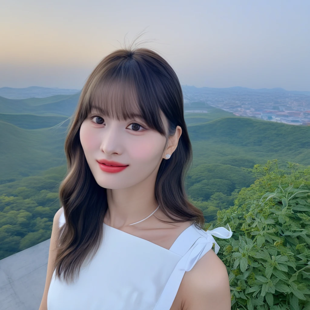 momo, (best quality, masterpiece:1.2), realistic, 1girl, solo, cute, looking at viewer, beautiful expression, upper body, sky, outdoors, closed mouth, white dress, bangs, medium hair, medium breast, beautiful expression, detailed face, detailed eyes, detailed iris, highres