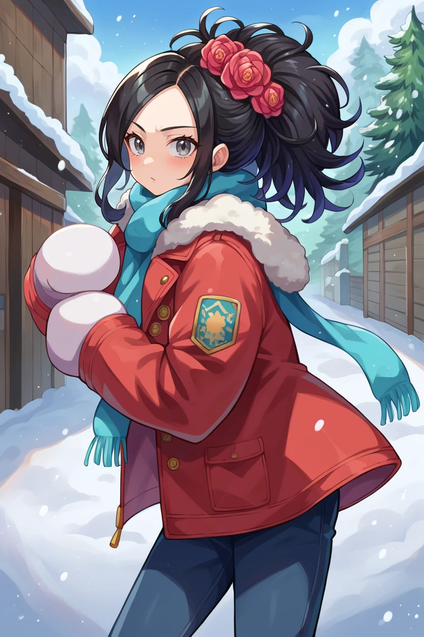 score_9, score_8_up, score_7_up, score_6_up, source_anime, BREAK 1girl, solo <lora:debora-pdxl-nvwls-v1-000005:1> dqdebora, grey eyes, big hair, black hair, multiple hair flowers, hair flowers, red jacket, puffy jacket, winter jacket, scarf, mittens, puffy pants, winter, snow, blush