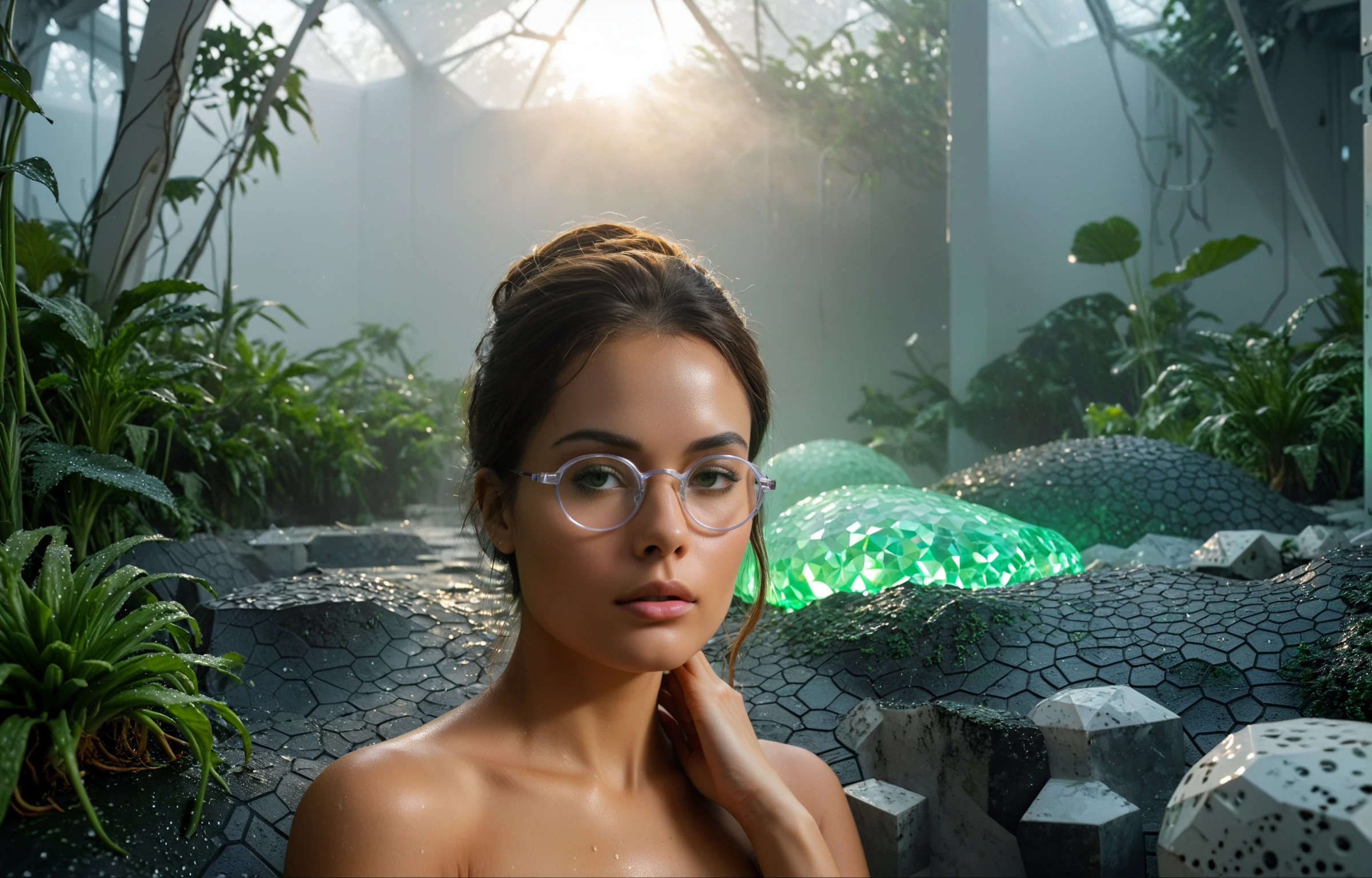 Photorealistic 3D game concept with extraterrestrial landscape with ground made of voronoi-shaped prismatic voxels and with low-poly early morning jungle flooded with dense milky fog laying on the ground as a thin turbulent smoke layer. Shallow depth of field, strong swirly bokeh effect, volumetric lighting, light caustics, sun flares, light leaks subsurface light scattering are emphasizing the surreal pleasant intricate picture.
BREAK (shallow depth of field, smooth background with strong swirly bokeh effect:1.25)