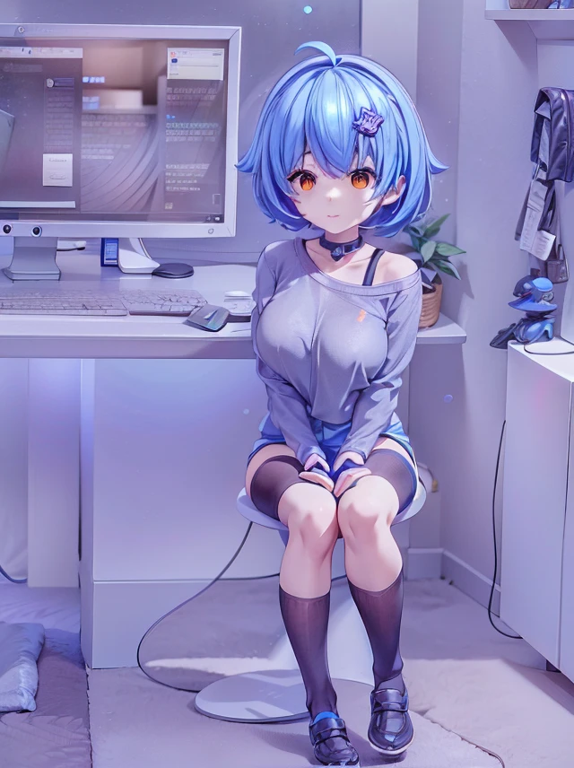 <lora:mana:0.85>, virtual youtuber, blue hair, short hair, orange eyes, 1girl, solo, 
long sleeves,, 
panties, thighhighs, underwear,, , collarbone,,blue nails,,ahoge, , laptop, monitor,,drinking straw, space,, , , kneehighs,, Lust,, <lora:add_detail:0.8>, <lora:lit:0.75>,<lora:blindbox_v1_mix:0.75>,  full body, chibi