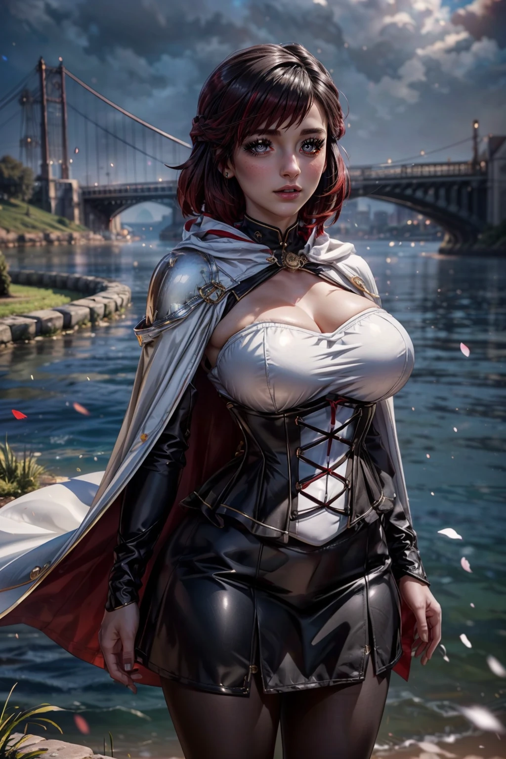 (ultra realistic,32k, masterpiece:1.2),(high detailed skin:1.1),( high quality:1.1),  <lora:SummerRoseRWBY:0.8>,   zzSummer,   short hair, multicolored hair, red hair, black hair, gray eyes,   dress, white cape, corset, pantyhose, boots,  blooming stars, luminescent petals, otherworldly fragrance blurry background, (looking at viewer, standing:1.1), huge breast, large breast, <lora:add_detail:0.92>, (glowwave:1.1),