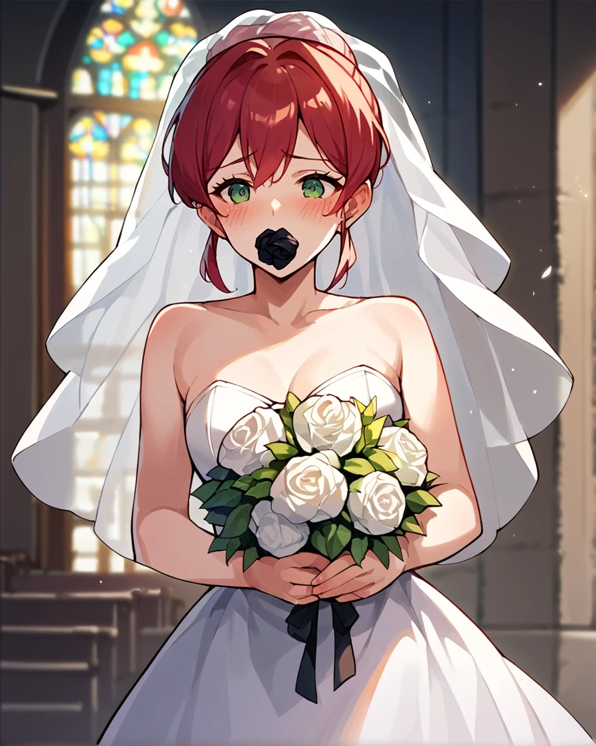 1girl, red hair, hair up, green eyes, pantygag, black panties, wedding dress, bridal veil, holding bouquet, shy, blush, church, <lora:Pantygag_Concept_Lora_Pony-000006:1>,, , score_9, score_8_up, score_7_up, score_6_up, score_5_up, score_4_up, source_anime,masterpiece,