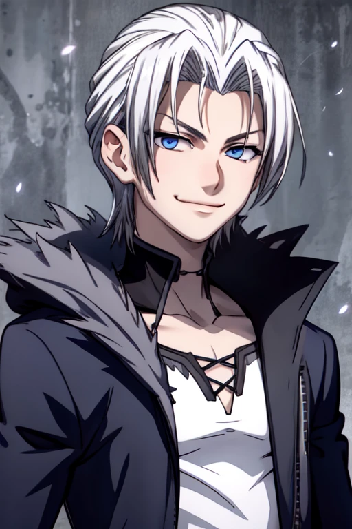 1boy,solo,male focus, upper body, smile,jacket, fur trim,creed diskenth,blue eyes,grey hair,