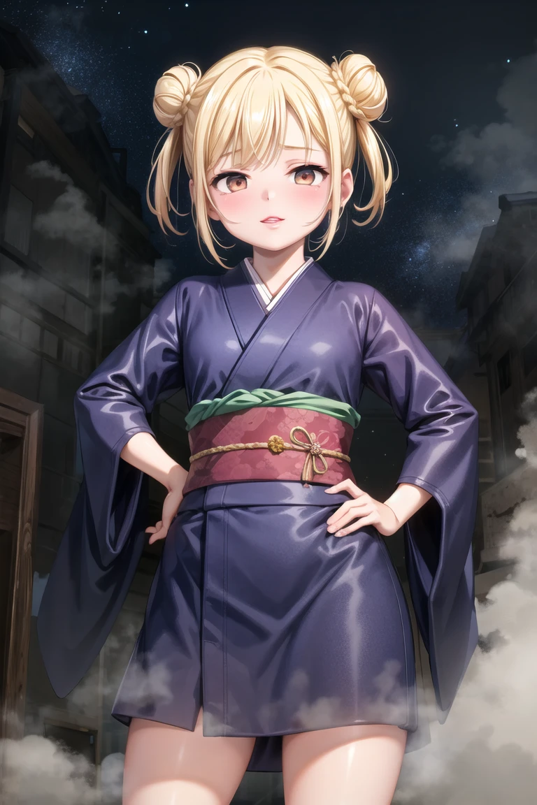 (masterpiece, best quality:1.2), 1girl, solo, cowboy shot,
on top of a building, at night, (heavy fog:1.3) and bright stars,
wearing a kimono,  hands on hips, 
lipstick, eyeshadow, (short hair:1.1), (double bun hair:1.1), (oily skin:1.1), 
<lora:sakuranbo-10:0.6:lbw=ALL>