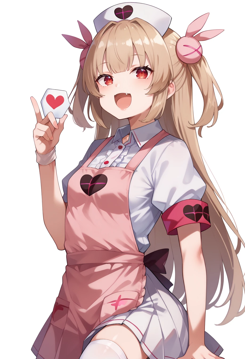 score_9, score_8_up, score_7_up, utsusumi_kio_style, simple background,
(masterpiece, best quality), fcDetailPortrait, solo, 1girl, natori sana, virtual youtuber, red eyes, light brown hair, long hair, small breasts,
two side up, nurse cap, hair ornament, pink apron, heart, center frills, collared shirt, white shirt, puffy short sleeves, armband, pleated skirt, white skirt, white thighhighs,
looking at viewer, open mouth, skin fang,
from side,