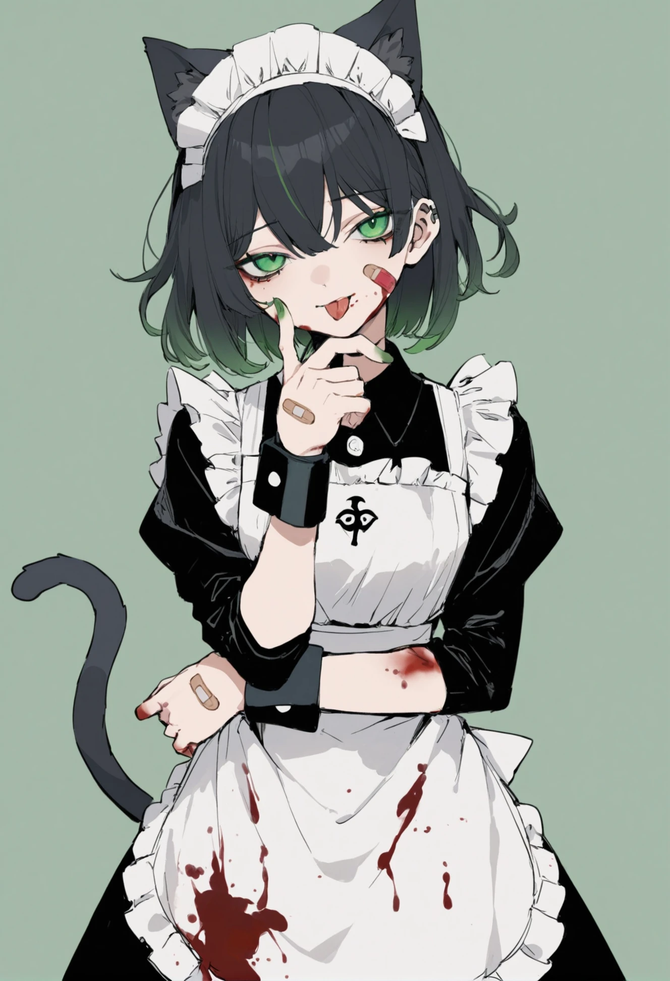 masterpiece, best quality,1girl, animal ears, solo, tail, green background, apron, blood, bandaid, looking at viewer, maid, long sleeves, simple background, maid apron, green eyes, tongue, tongue out, blood on hands, dress, licking finger, black hair, hair between eyes, hand up, hat, licking, short hair, maid headdress, blood on face, collared dress, frills, black dress, bandaid on hand, eye of horus, blood on clothes, green lips, wrist cuffs, cat tail, licking blood, bandaid on face, upper body, licking own arm, green tail, white apron, flipped hair, cat ears, arm behind back