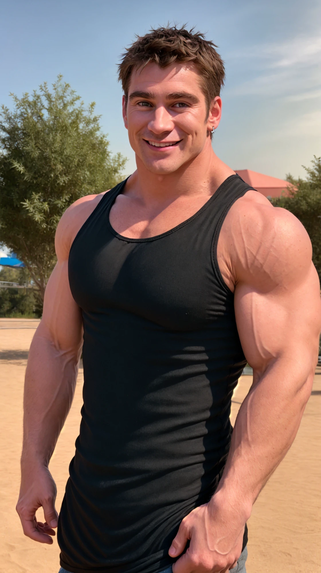 (face focus). (masculine:1.3), large strong physique:1.0, at outdoor sunny park, (muscular man wearing tight tank top:1.2), sexy pose:1.0, styled hair, confident, handsome, (((masterpiece))), (((best quality))), (hands on waist), male, athletic, looking at viewer, (short hair), lower color saturation:1, lower contract color:1, <lora:CollinFarrellActor (1):0.85>, CollinFarrellActor, smiling
