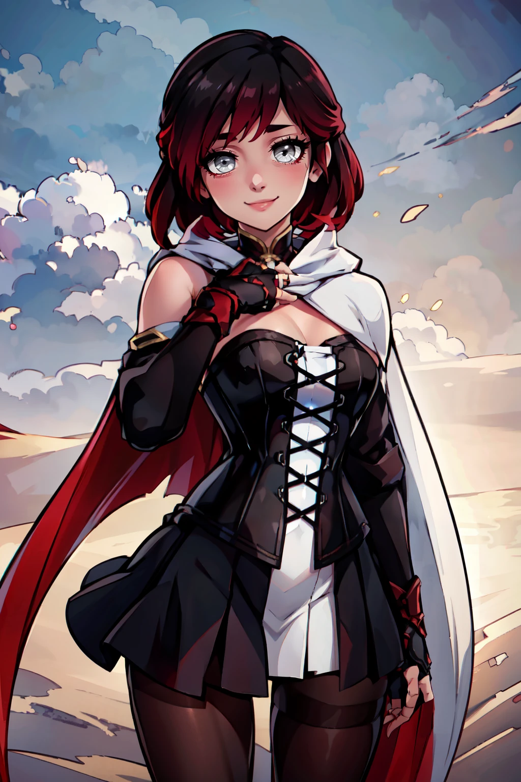 ((masterpiece,best quality)), absurdres, <lora:SummerRoseRWBY:0.8>,   zzSummer, short hair, black hair, red hair, white cape, gradient hair, grey eyes,  white cape, fingerless gloves, pantyhose, corset, black dress,   solo, smile, looking at viewer,