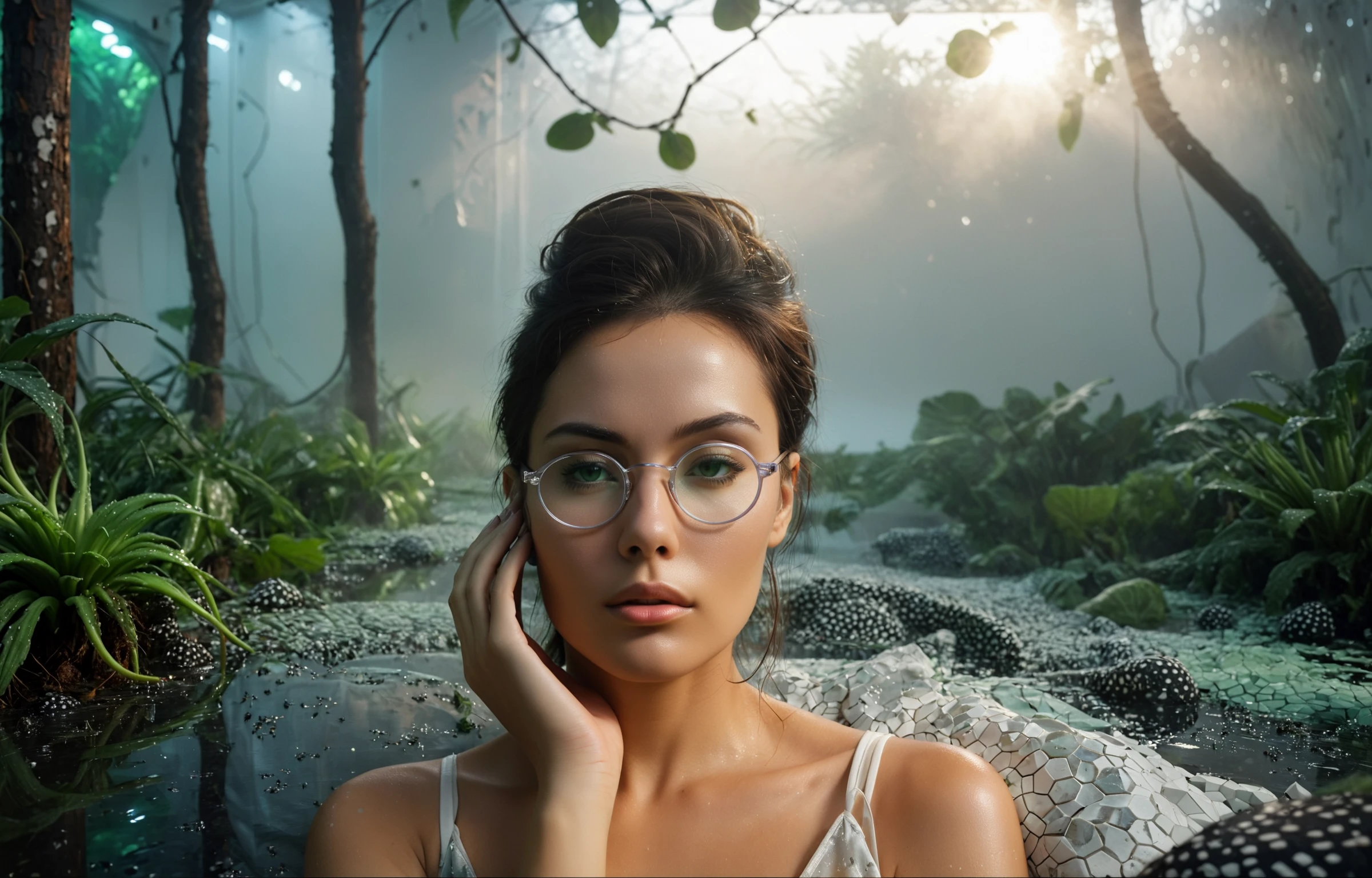 Photorealistic 3D game concept with extraterrestrial landscape with ground made of voronoi-shaped prismatic voxels and with low-poly early morning jungle flooded with dense milky fog laying on the ground as a thin turbulent smoke layer. Shallow depth of field, strong swirly bokeh effect, volumetric lighting, light caustics, sun flares, light leaks subsurface light scattering are emphasizing the surreal pleasant intricate picture.
BREAK (shallow depth of field, smooth background with strong swirly bokeh effect:1.25)