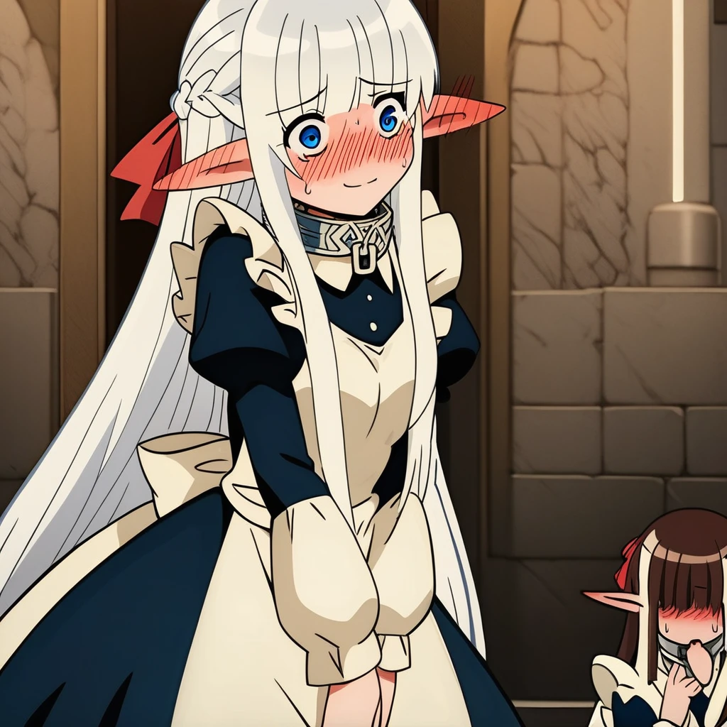 (masterpiece, best quality, very aesthetic, ultra detailed, many details), 1girl, nephiliaxl, pointy ears, blue eyes, very long hair, white hair, elf, apron, maid, collar, braid, dress, long sleeves, frills, blunt bangs, hair ribbon, chocolate_heart, leaning forward, nervous smile, sweating_drop, blush, ear_blush, throne room, indoors