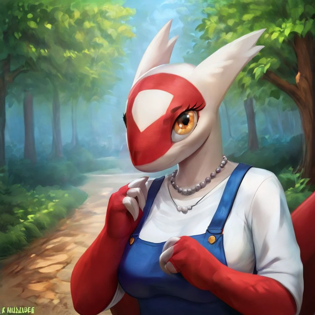 Latias[PKM], Red and white body, Red and white body, red and white fur, blue triangle on chest, white ears, long ears, yellow eyes, 2eyes, red marking on forehead, plane like wings, mainly red body, mainly red fur, pokemon. (female anthro:1.3).  
dressed, clothed, clothing, big boobs, big tits, tits, boobs, C-cup boobs, pinafore dress, red pinafore dress, dress, white shirt, white undershirt, pearl necklace, pearls. 
Solo, alone, by herself, 1girl, female. 
curvy, curvy female body, curvy female, curvy body, curvy female, curvy female body, curvy body, curvy , (curvy female body:1.7), (light brown body:1.1).   
headshot, close to face, bustshot photo, bustshot.
outside, park, forest, woods, trees.
Realistic, Furry, Animalistic features, Anthro, Detailed, Shaded,
HD, digital painting, digital art, masterpiece.  standing, standing up.  
closed mouth, happy emotion.  
HD, digital painting, digital art, masterpiece ((bustshot portrait)), digital drawing (artwork), digital media (artwork), hi res, (furry art, uploaded on e621:1.1), best quality, highly detailed, intricate details, extremely detailed, perfect hands, negative_hand.