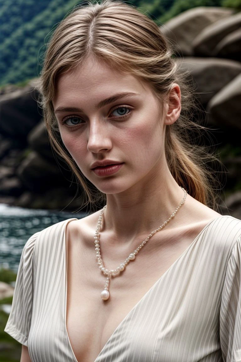 European woman, closeup, (shirt), pants, (glenwood canyon), pearl necklace , ZM_christina , wide shoulders, perfect face, (contact iris: 1.1), pale skin, skin pores , depth of field