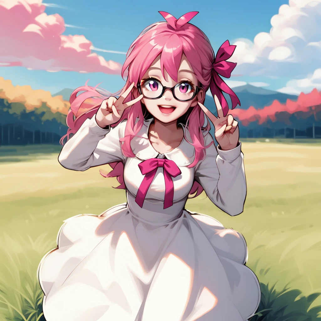 1girl, solo, pink hair, long hair, glasses, dress, white dress, long sleeves, v, double v, smile, open mouth, hair ribbon, hair ornament, outdoors, sky, day, cloud, grass