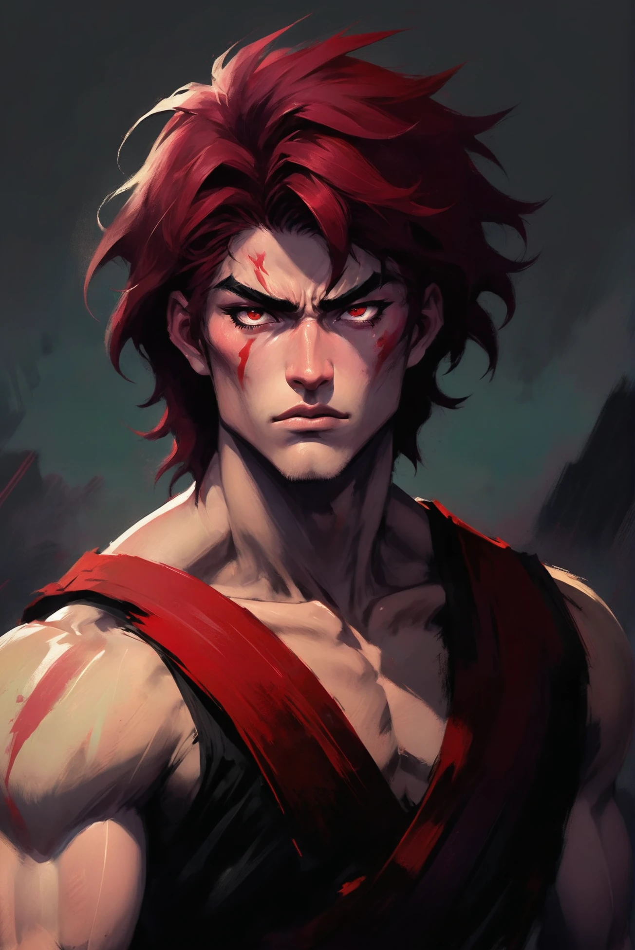 oil pastel chalk digital painting, sketch, anime style, (full body:1.2), 1boy, man, ruggedly handsome, solo, [:epic costume design,:0.2] berserker, korean, maroon hair, (average:1.3) build<lora:EnvyStarlightPastelChalk01:1>