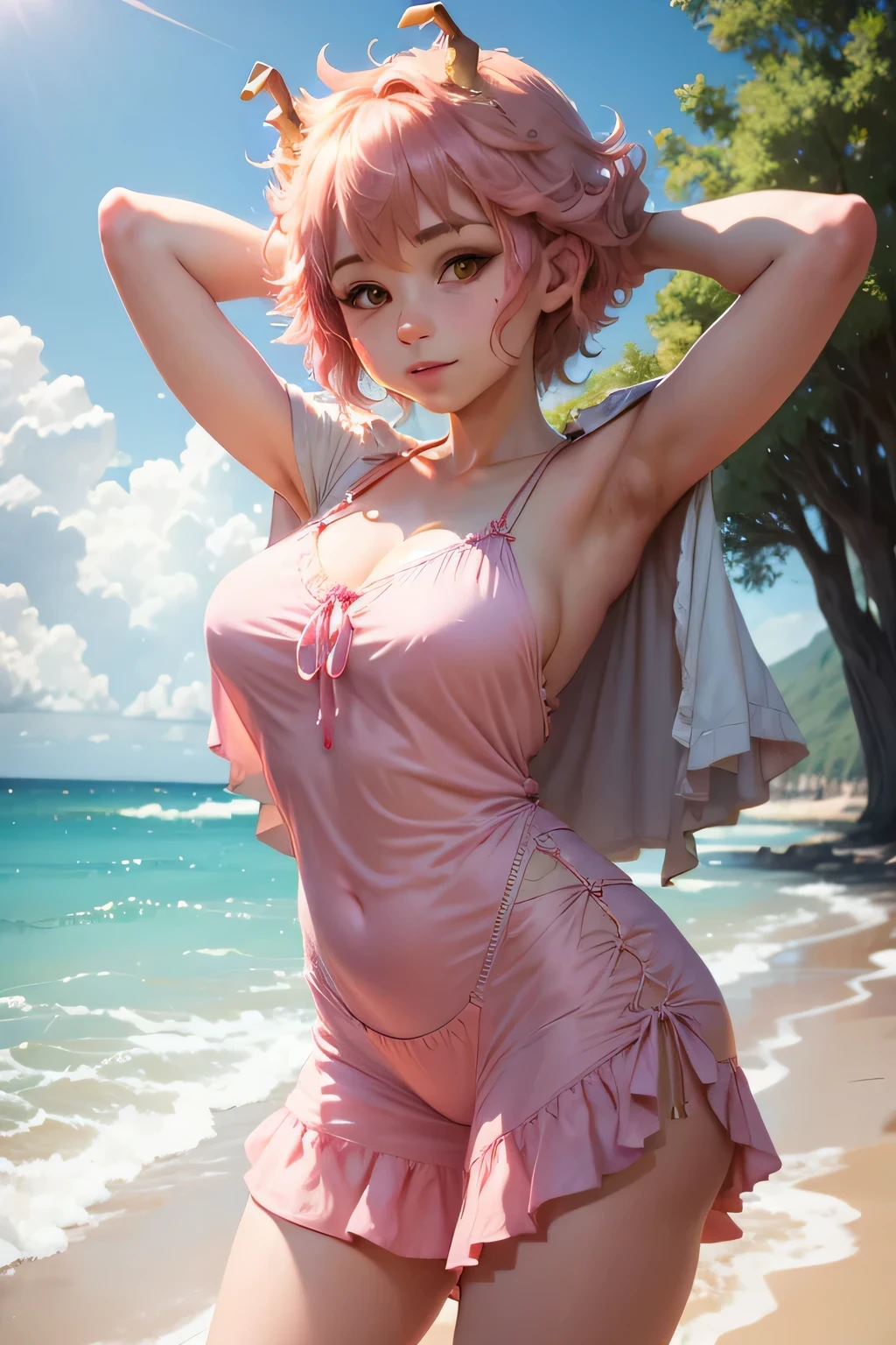 Short blonde hair, Pink, Picky dyes, Good looking girl, Cyan dark V gown, exposing her chest, Flat chest,Minimalist flat view