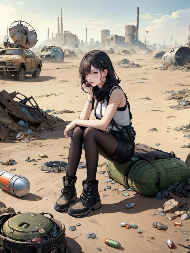 masterpiece,best quality,wasteland,capsule,sit,