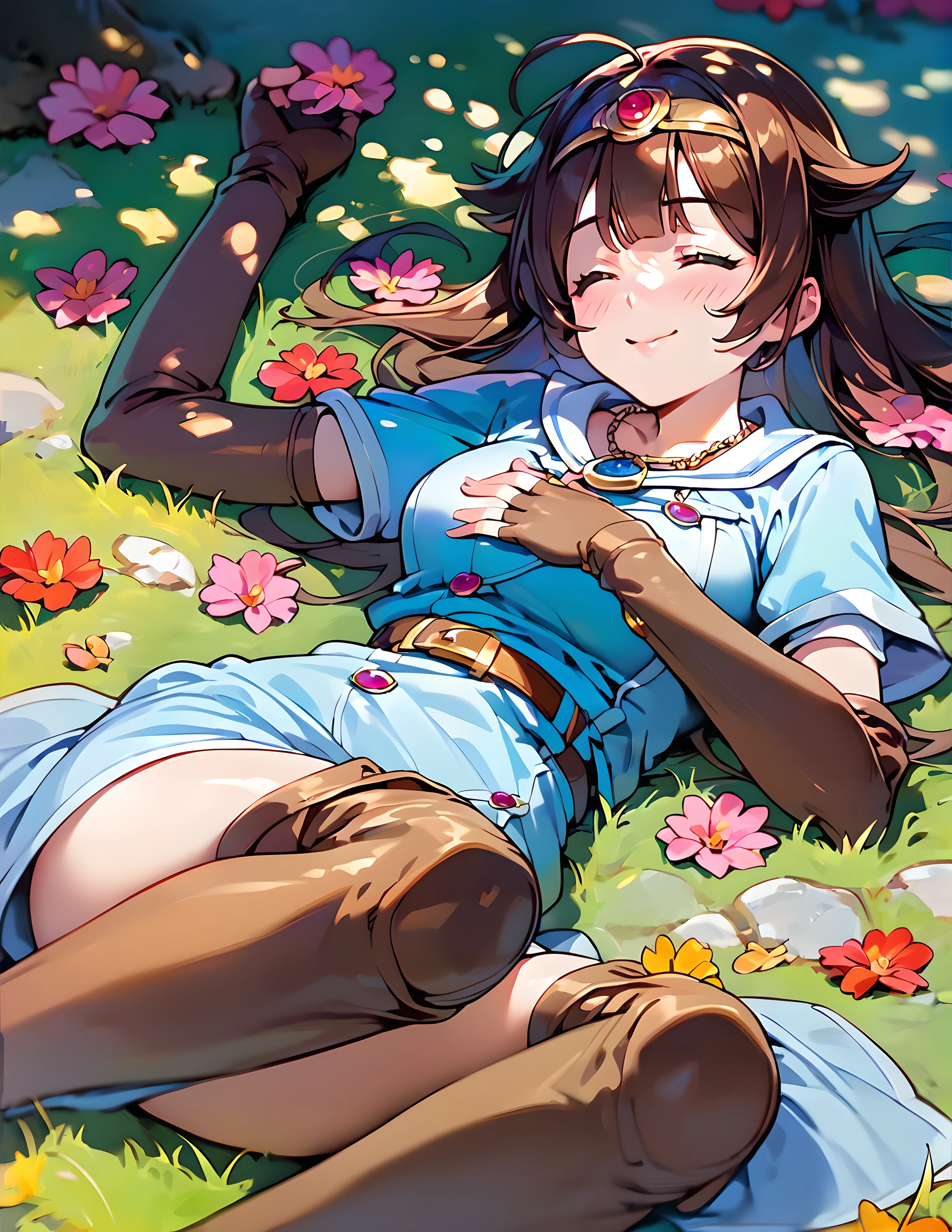 <lora:pony_xl_ki:0.8>,ki,score_9,score_8_up,score_7_up,source_anime,1girl,solo,short dress,short sleeves,brown gloves,elbow gloves,fingerless gloves,belt,thigh boots,brown thighhighs,blue necklace,day,nature,the dappled sunlight that filters through the leaves of trees,sunny weather writing,lens_flare,light_blush,flower duvet,fetal_position,happy sleeping face,on_side,lying,hair_flaps,zzz,