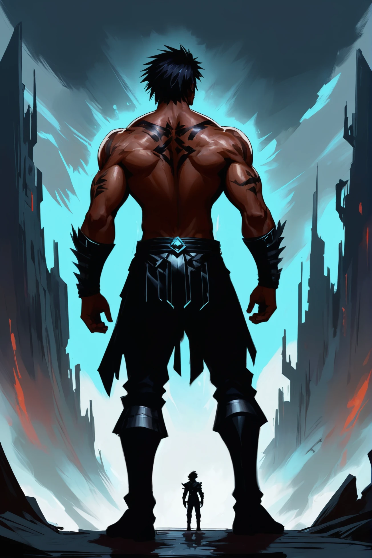 rough brushy digital painting, sketch, mysterious,gargantuan scifi sky city beyond the end of reality,(full body:1.2), 1boy, man, solo, [:fantastical costume design,:0.2] warlord, (dark skin:1.3), glowing moccasin hair, (muscular:1.1) build<lora:EnvyStarlightDigitalPainting05:1>