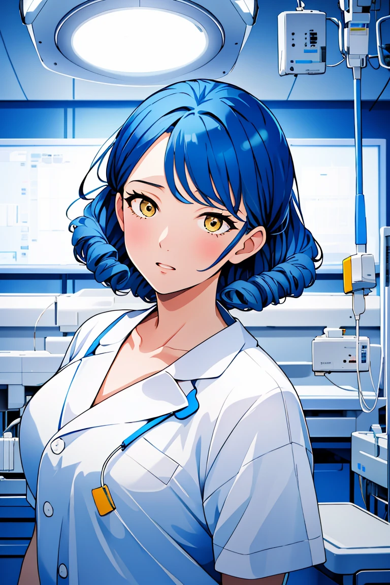 (RAW photo, best quality), operating room, overhead surgical light,blurred background, focused, dithering,backlighting,
 <lora:Mitsuwa_Shirai_V1.0-000005:0.8> mitsuwa shirai, 1girl, solo, mature female,blue hair,yellow eyes,