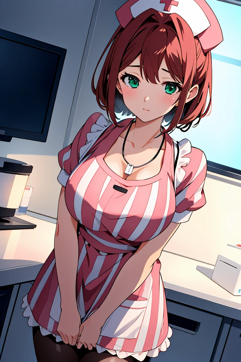 (RAW photo, best quality), operating room, overhead surgical light,blurred background, focused, dithering,backlighting,
 <lora:Sasha_Nakamoto_V1.0-000006:0.58> sasha nakamoto, 1girl, solo, necklace, dark red hair, green eyes, 
<lora:Classic Nurse Old V2:0.5> nurse_old_style_01, apron, nurse cap, short sleeves, striped dress, puffy sleeves, vertical stripes, nurse, white apron, puffy short sleeves, pantyhose,