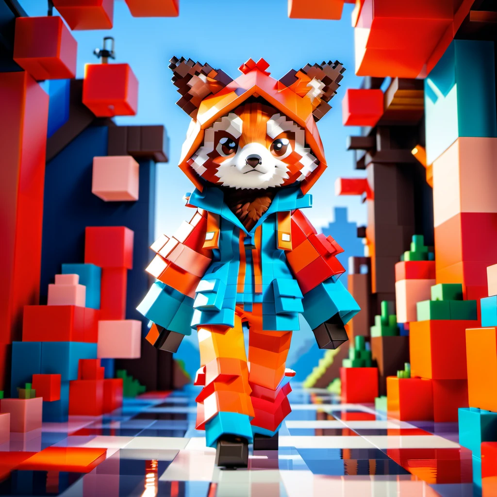 only one character, (magnificent face:1.4), cute red panda wearing an unexpected designer outfit, soft-hued colors, red panda head, cartoon 3D background, <lora:3Dlowanimals:1.0>, (Blocky:1.4), pixelated, vibrant colors, 2 legs