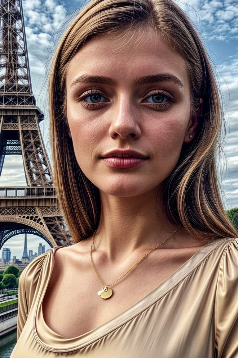 European woman, closeup, (shirt), pants, (eiffel tower), gold necklace , ZM_christina , wide shoulders, perfect face, (contact iris: 1.1), pale skin, skin pores , depth of field