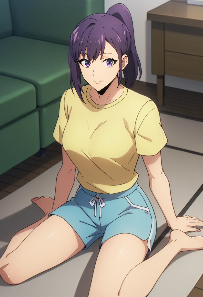 score_9, score_8_up, score_7_up,
<lora:SoloLeveling_SungJinahXL:0.8>, SungJinahSL, 
1girl, solo, closed mouth, light smile,
purple hair, purple eyes, ponytail,
JinahHome, yellow shirt, blue shorts, t-shirt,
sitting, on floor, looking at the viewer,
indoors, living room