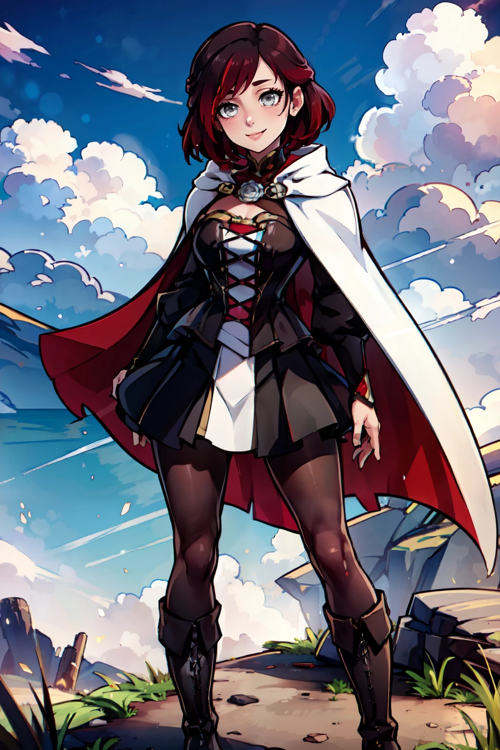 ((masterpiece,best quality)), absurdres, <lora:SummerRoseRWBY:0.8>,   zzSummer,   short hair, multicolored hair, red hair, black hair, gray eyes,   dress, white cape, corset, pantyhose, boots,  solo, smile, looking at viewer,